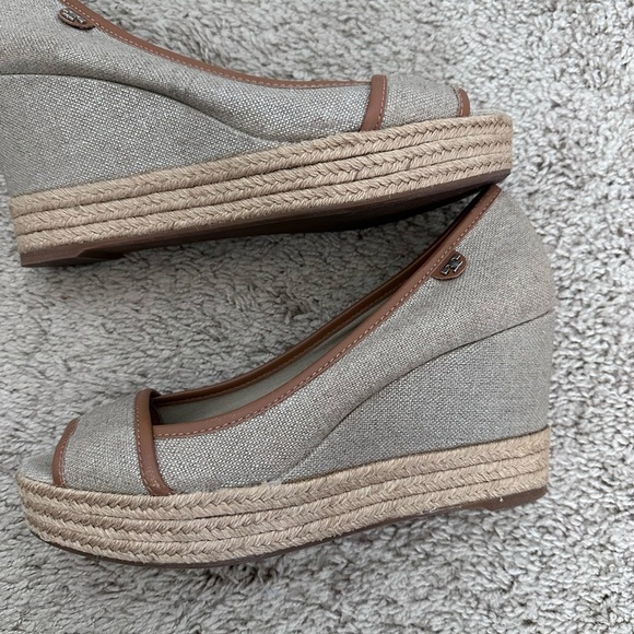 Tory Burch Plata Royal Majorca Linen & Leather Espadrille Wedge 9.5/40.5 - Picture 1 of 9